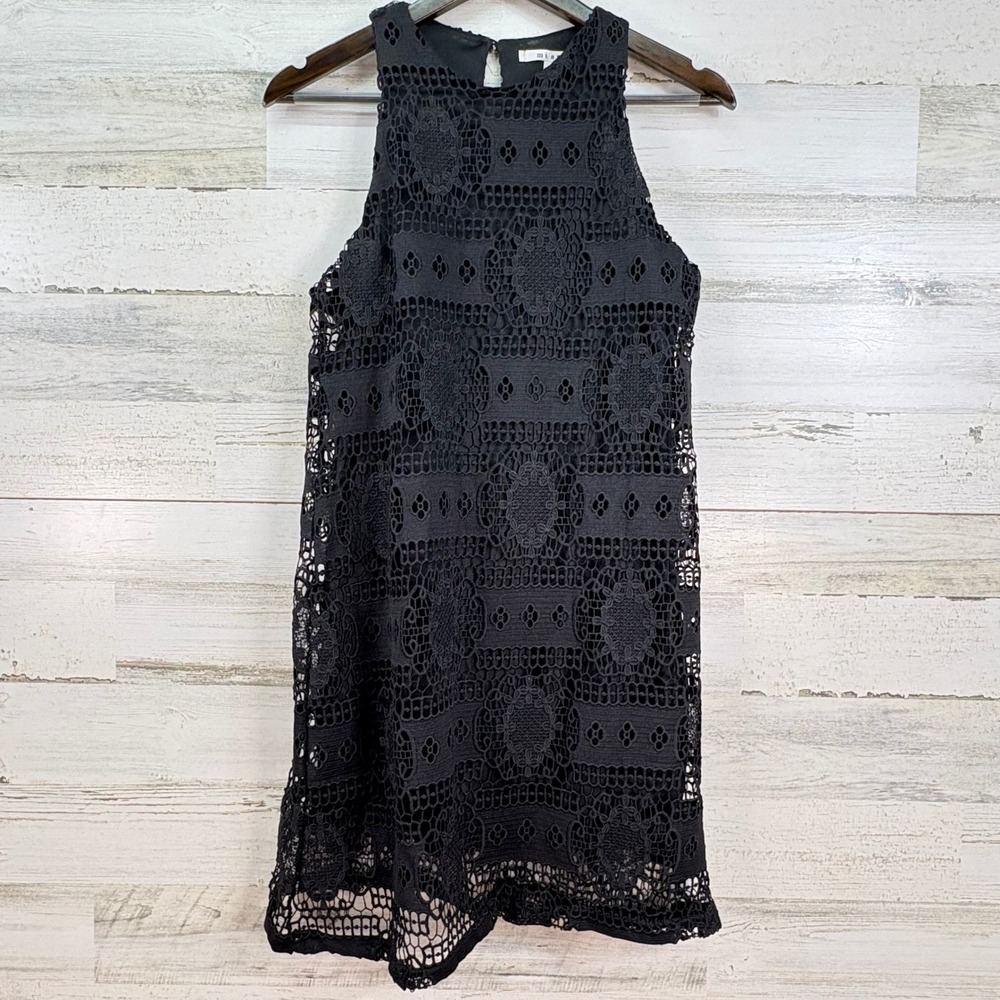 Miami Francescas Black Crochet Lace High Neck Shift Dress Small Sleeveless LBD